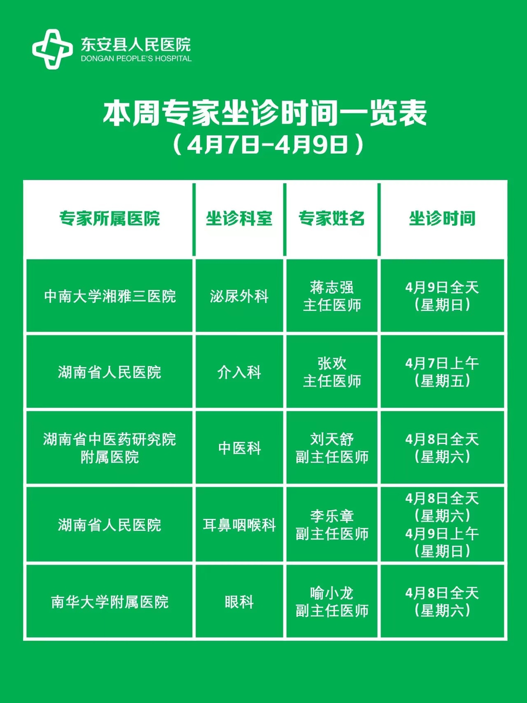 东安县人民医院邀请上级医院知名专家教授来院坐诊、手术